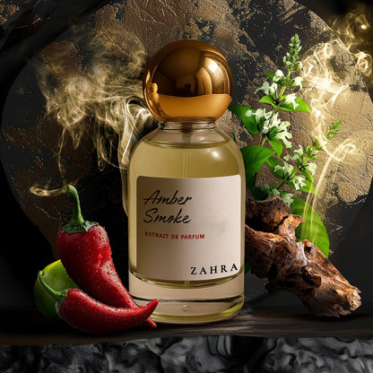 Zahra Amber Smoke Inspired by Amouage Interlude men perfume bottle with chili peppers and flowers on a dark background